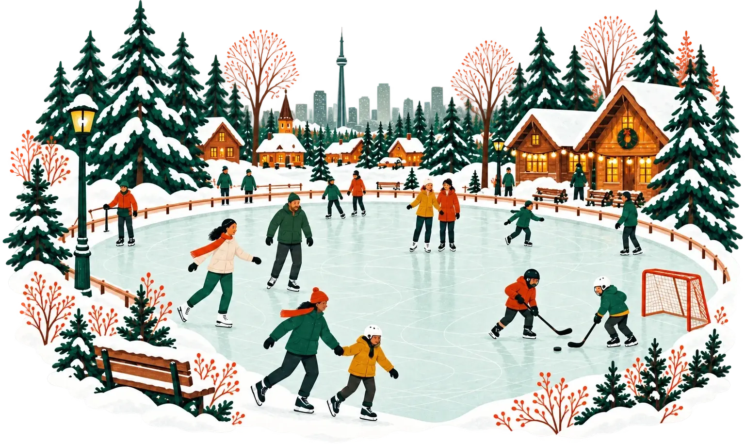 Illustration of families skating and children playing hockey on an outdoor rink in a snowy park
