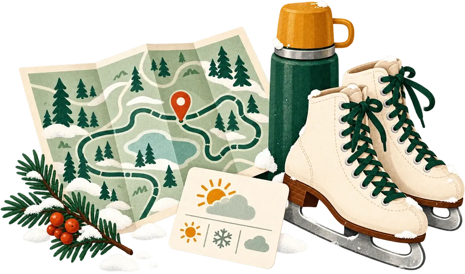Illustration of a trail map, a weather card, a thermos and a pair of skates laid out in the snow